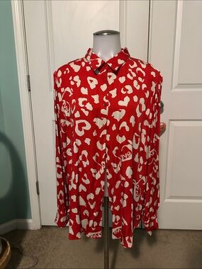 Chico's Red and White Heart Print Button-Up Blouse